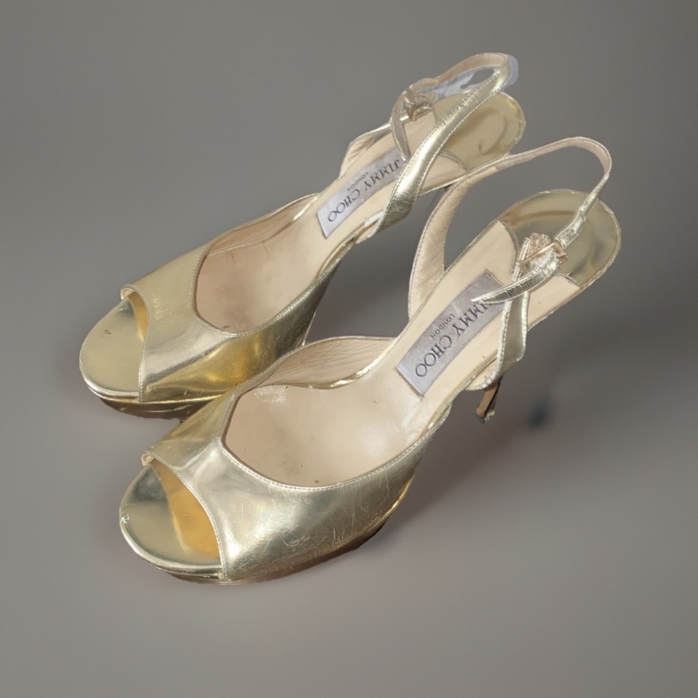 Jimmy Choo Shoes Vintage Gold Leather Peep Toe Slingback High Heels Platform 39